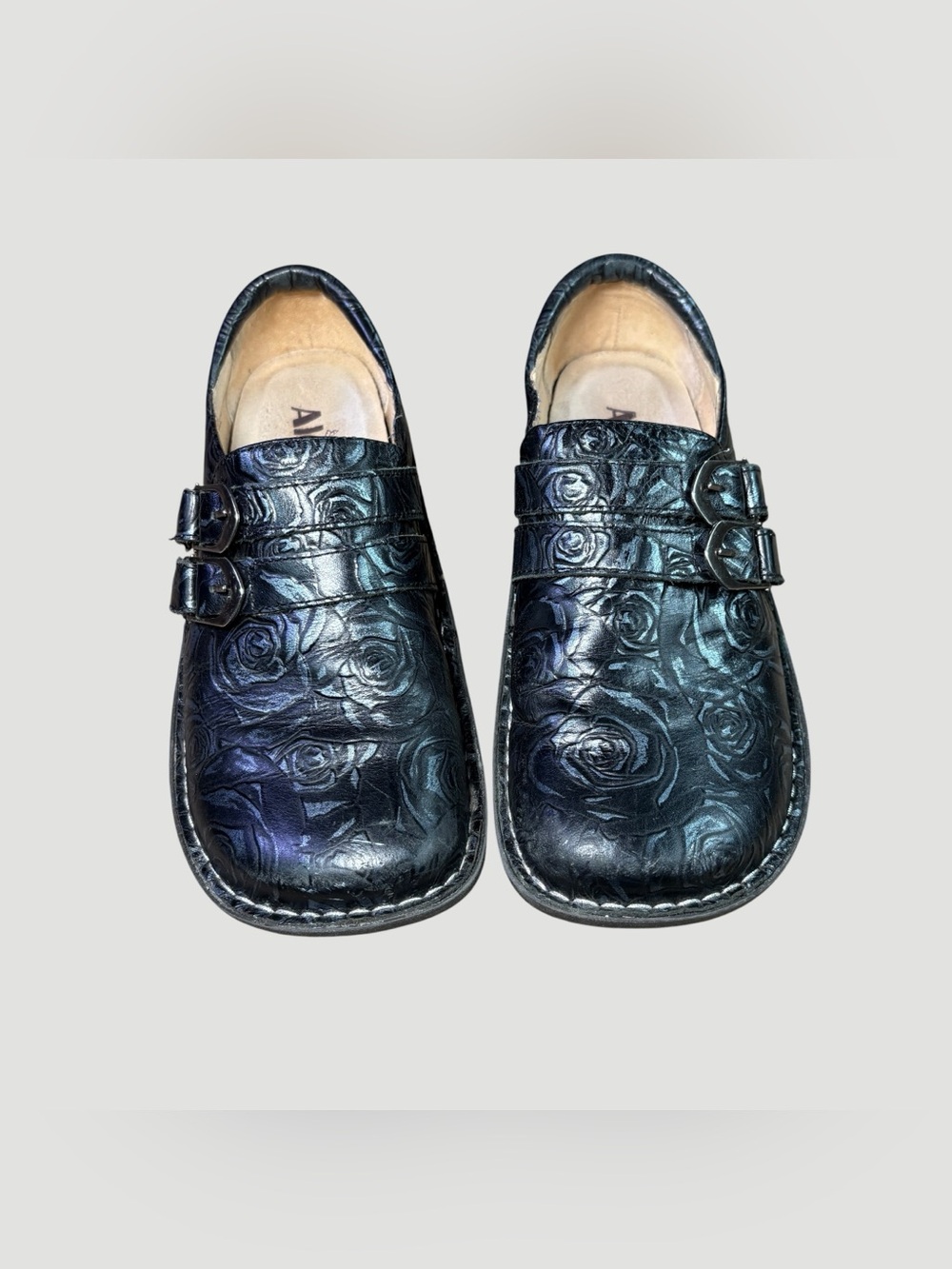 Alegria Leather Clogs Black Floral Embossed Double Buckle Comfort Shoes US 7.5-8